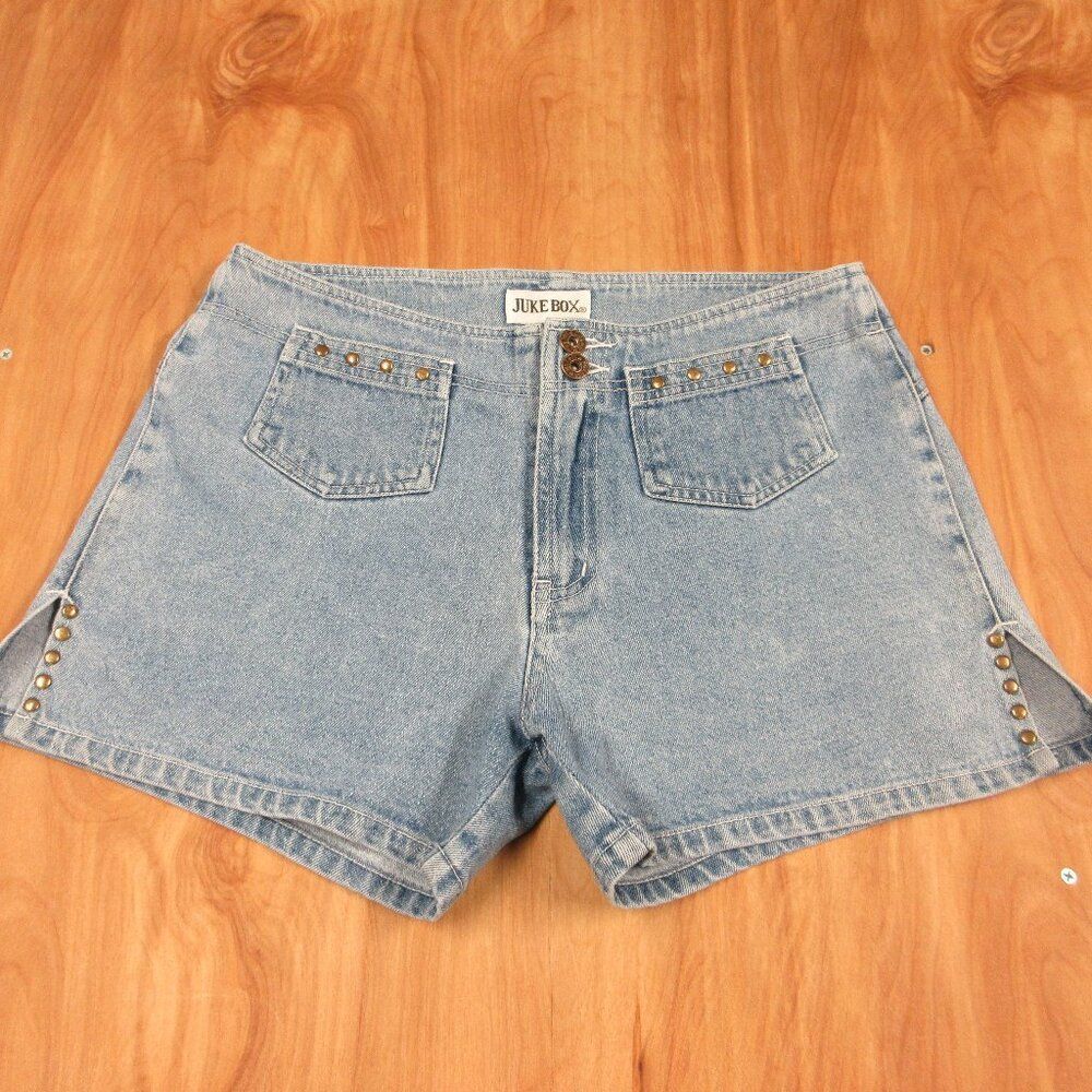 JUKE BOX Bareback VINTAGE Blue Denim Jean‎ Shorts Sz 9/10 Studded Slit Hem Jorts